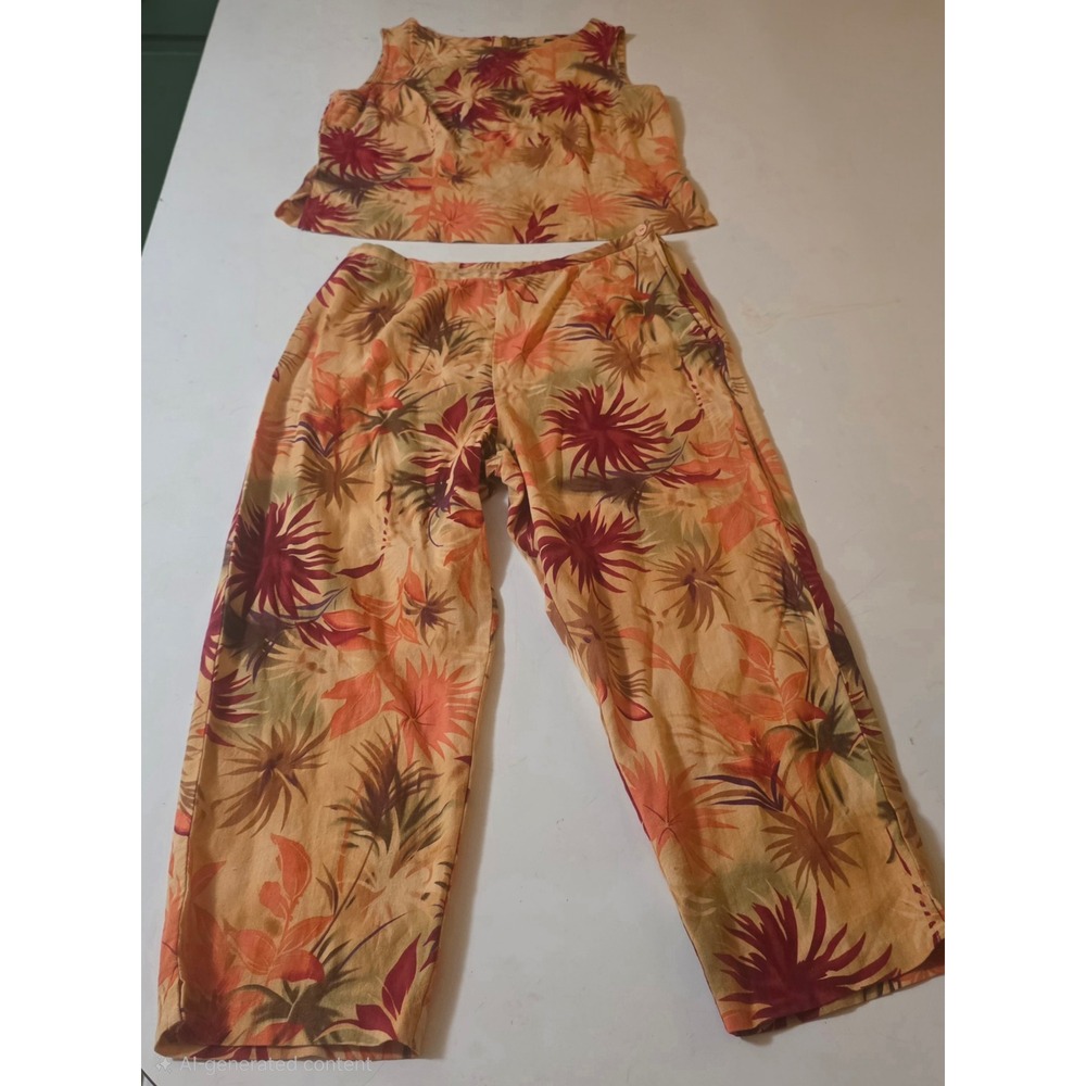 Scarlett 2 Piece Set Womens 12 Tropical Floral Linen Blend Excellent Retro